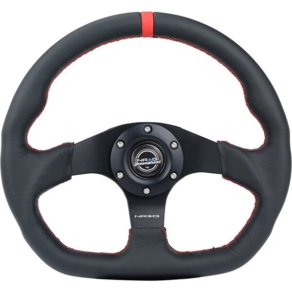 NRG Innovation - RST-024MB-R-RD - Steering Wheel 320mm Flt Bottom Blk Leather w/Red